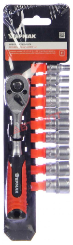 Набор головок  11 предметов 1/4"  (головки, трещотка) на держателе (736-203) "ЕРМАК"