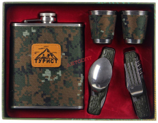 Фляжка 254мл + стопки 2шт + вилка + ложка, нерж. сталь, в подарочной упаковке (123-001) "РУССО ТУРИСТО"