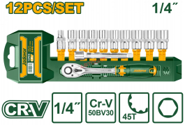 Набор головок  12 предметов 1/4"  (головки, удлинитель, трещотка) на держателе (JDST4212) "JADEVER"